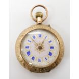 A 9ct fob watch with decorative enamelled dial inner dust cover with full Swiss hallmarks, weight