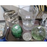 A Whitefriars heavy glass vase, two end of day glass dumps, a frosted glass dish and a glass ice