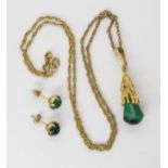 A 9ct gold retro malachite pendant and chain made by Deakin & Francis with similar earrings, pendant