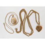 A 9ct back & front heart shaped locket on a 9ct gold rope chain Length 64cm, together with an oval