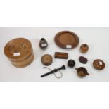 SPECIMEN WOOD SNUFF BOX, staved quaich, papier mache snuff box,and other treen items Condition