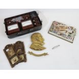QUANTITY OF CIGARETTE CARDS, jewellery box, bronze set of graduated measures, Victorian photographs,