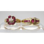 A 9ct ruby and diamond accent ring, size M1/2, together with a retro flower example size K1/2, weigh