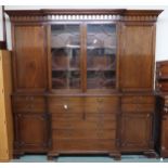 A 20th century mahogany breakfront secretaire bookcase, 232cm high x 232cm wide x 42cm deep