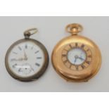 A gold plated half hunter pocket watch together with a (af) white metal pocket watch Condition
