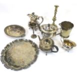 A collection of EPNS including a tea service, salver, goblets, brass candlesticks etc Condition