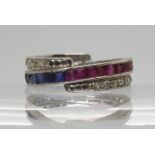 A white metal sapphire diamond and ruby, Night & Day flip ring, finger size N, weight 5.4gms