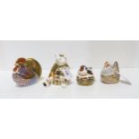 Four Royal Crown Derby paperweights including cockerel, a bear, a goldfinch nesting, and a hen