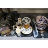 Pewter tankards, a cased miniature library, copper lustre ware, Glasgow jugs, gurgle jug etc