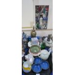 A collection of decorative ceramics and glass including a green hour glass decanter Condition