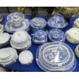 A collection of blue and white transfer printed items including Spode Italian pattern, peacock