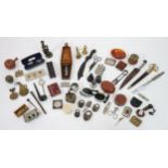 QUANTITY OF COLLECTABLES comprising; eye glasses, vesta case, bog oak pipe, agate dish, snuff box,