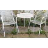 A 20th century painted metal cafe table and two accompanying chairs (3) Condition Report:Available
