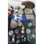 A collection of assorted fossils, shells, opal matrix chips, polished stones and an oval