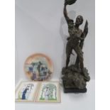 Two porcelain plaques, a plate and a spelter figure titled Detresse Condition Report:Available