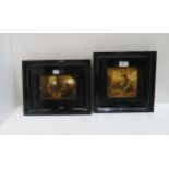 A pair of Victorian painted glass and framed tiles, depicting a boy feeding rabbits and a mother and
