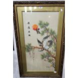 JAPANESE SILK EMBROIDERED PICTURE birds of prey amongst pine, 86 x 43cm Condition Report:Available