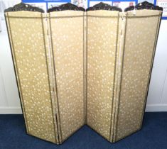 A late Victorian Oriental style four fold room divider with carved and inlaid surmounts
