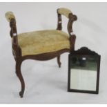 A late Victorian parlour stool/window seat with scrolled arms on cabriole supports and an oak framed