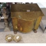 A brass coal box, a pair of candlesticks and a pair of dishes Condition Report:Not available for