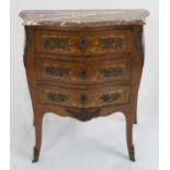 An early 20th century continental marble topped bombe formed chest of three drawers,84cm high x 78cm