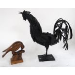 A contemporary iron sculpture of a crowing cockerel and a smaller sculpture of birds (2) Condition