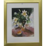 GILLIAN GOODHEIR (SCOTTISH 1949-2022) LILIES IN A BRASS JUG  Gouache on paper, signed lower right,