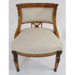 A contemporary burr walnut veneered slipper chair upholstered in a cream damask fabric Condition