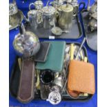 A collection of mainly EPNS including hotelware, a spirit kettle on burner, loose cutlery, cased