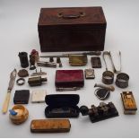 A bass handled wooden box together with various bible markers, tin soldiers, flatware, zippo lighter