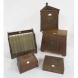 A mixed lot to include mahogany hanging corner cabinet, oak smokers cabinet, two cigarette boxes and