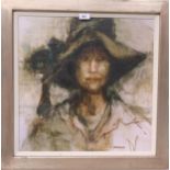 ANNE ANDERSON (SCOTTISH b.TRINIDAD) LADY WITH HAT  Oil on board, signed lower right, 49 x 49cm