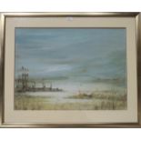 J CLARK  RIG AT SEA Oil on board, signed lower right, dated (19)81, 54 x 74cm  Condition Report: