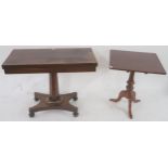 A Victorian rosewood fold over tea table on quadrupedal base and a Victorian mahogany tilt top