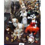 A Mickey Mouse money box, a pair of saltglaze wally dugs and assorted other figures Condition