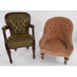 A late Victorian button back leatherette upholstered open armchair and a pink upholstered parlour