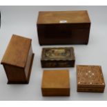 A tea caddy together with a desk top tidy and various inlaid boxes etc (5) Condition Report: