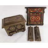 A 20TH CENTURY INDIAN HARDWOOD AND BRASS MOUNTED CHEST with hinged top above two short drawers, 36cm