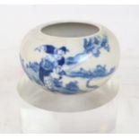 A CHINESE BLUE AND WHITE CRACKLEWARE BOWL painted with a figure confronting a snake, six character