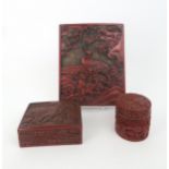 A CHINESE CINNABAR LAQUER CIRCULAR BOX carved with figures in gardens, 8cm high, rectangular box and