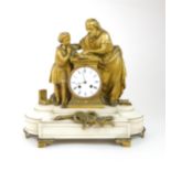 A 19TH CENTURY FRENCH GILT BRONZE MANTLE CLOCK modelled as a scholar and boy looking at books,