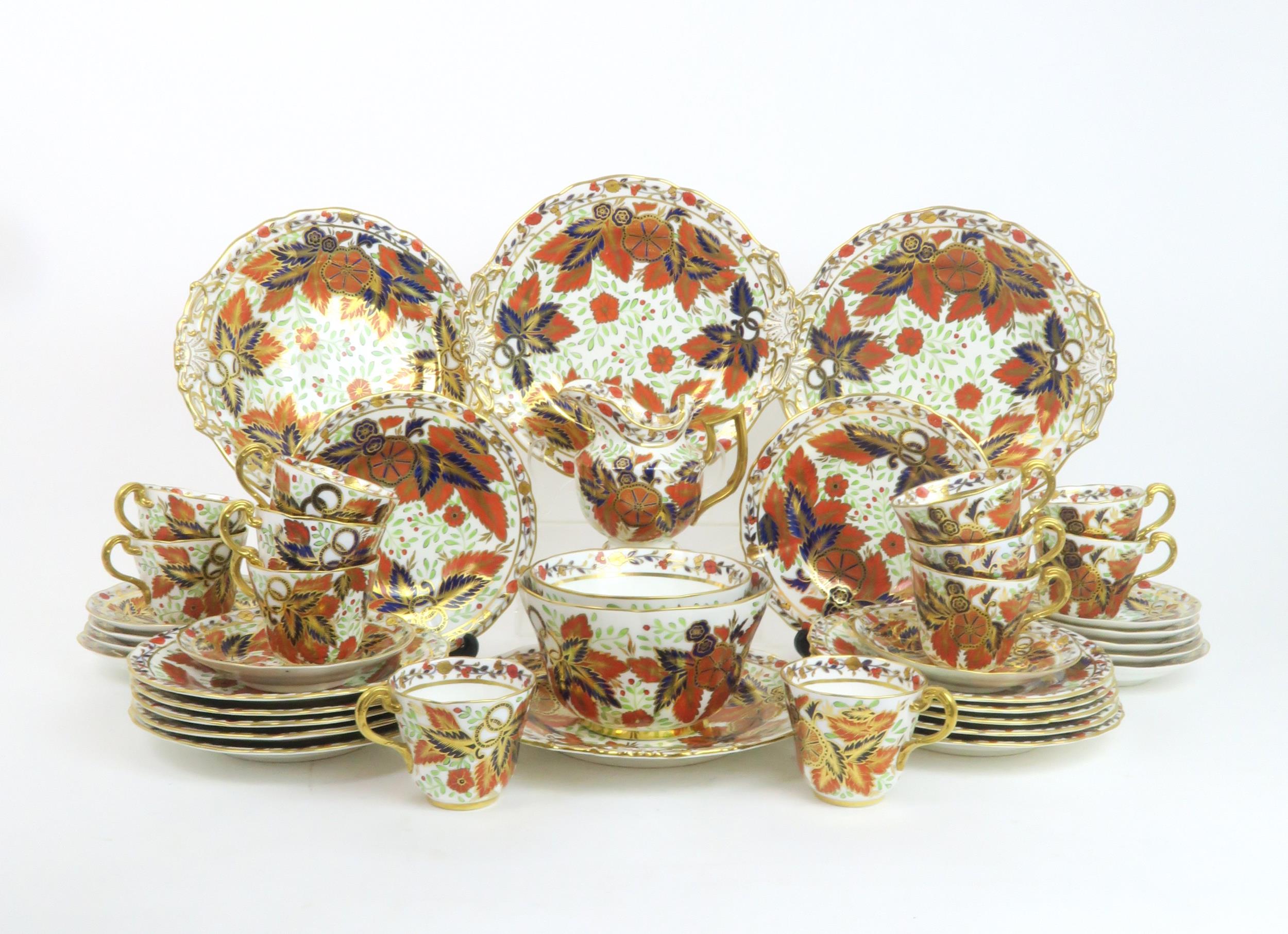 A LATE 19TH CENTURY COPELAND TEA SERVICE in pattern 1559, decorated in the imari palette with leaves