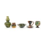 A COLLECTION OF DUNMORE POTTERY to include a green glazed two handled bowl, a dimpled pot in