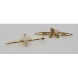 TWO VINTAGE BROOCHES an 18ct gold diamond and pearl four lobed flower brooch, dimensions 5.3cm x 1.