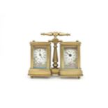 A 19TH CENTURY FRENCH MINIATURE BRASS AND PORCELAIN CARRIAGE CLOCK AND BAROMETER each with a