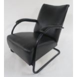 A MID 20TH CENTURY BLACK VINYL CANTILEVER ARMCHAIR with painted tubular steel frame, 83cm high x