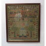 A VICTORIAN SAMPLER 1853 woven in coloured wools, by Mary Brown, with country house, animals, trees,