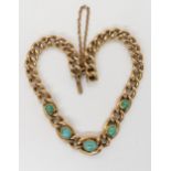 A 15CT GOLD TURQUOISE BRACELET  with fancy curb links and a box clasp. Length 19.5cm, weight 11.5gms