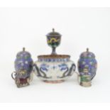 CHINESE CLOISONNE  comprising;oval lobed bowl, 24cm wide, pair of covered jars, 19cm high, covered