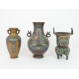 A CHINESE BRONZE AND ENAMEL BALUSTER VASE 30cm high, another vase, 25cm high and an incense